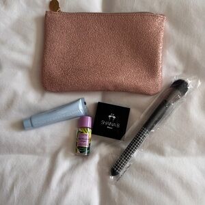 ipsy Rose Gold Glitter Makeup Pouch with Brush & Skincare Samples